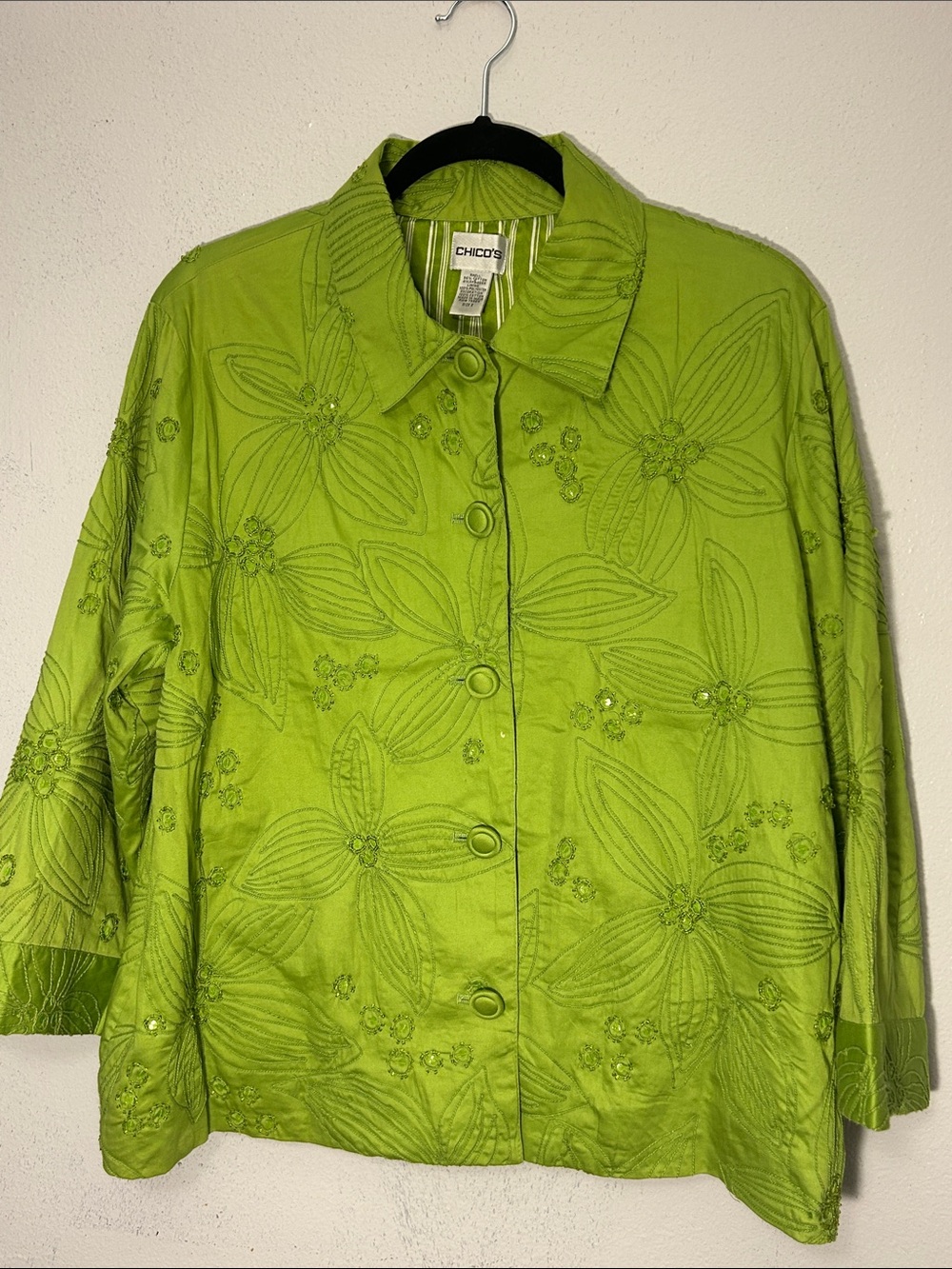 Chico’s Lime Green Floral Embroidered Beaded Jacket Size 2